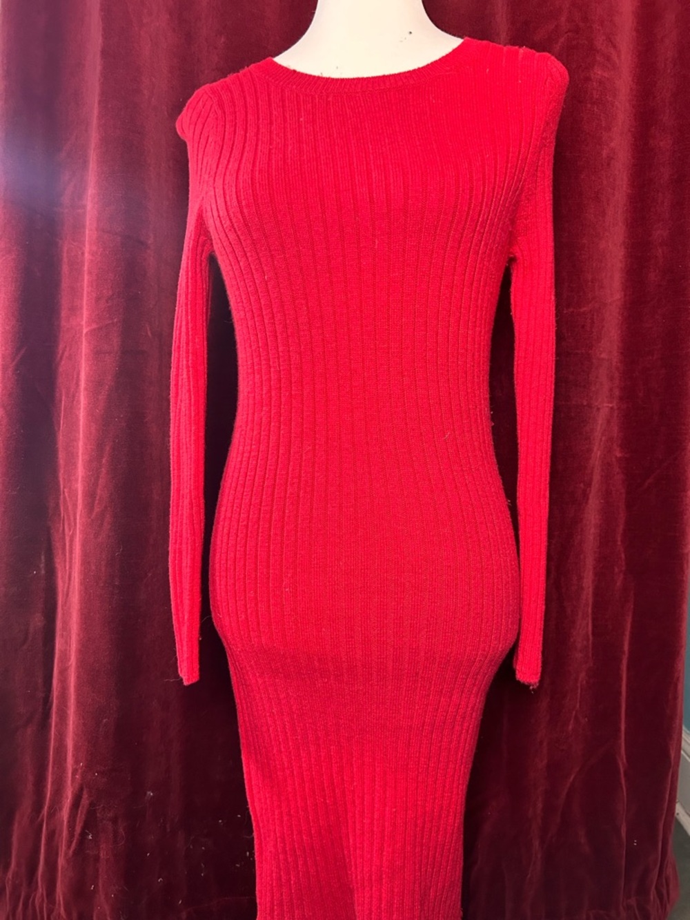 GAP Red Ribbed Long Sleeve Midi Dress